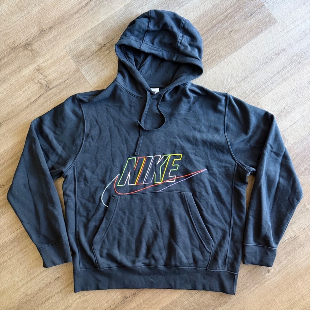 Nike Mens Club Fleece Hoodie Black Multi-Color Embroidered Logo DX0541-010 Large